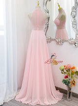 Pink Chiffon High Neck Beading Prom Dress