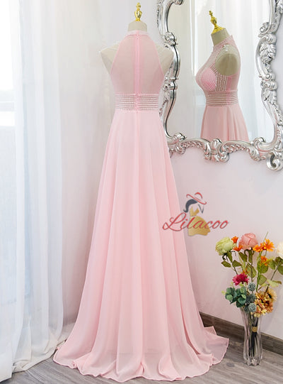 Pink Chiffon High Neck Beading Prom Dress