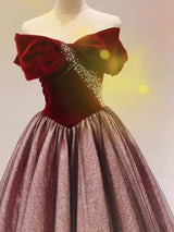 Burgundy Velvet Pleats Pearls Prom Dress
