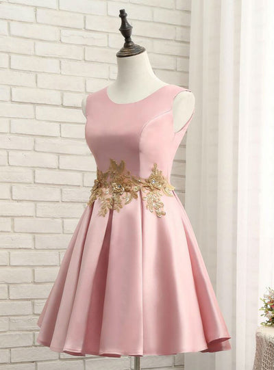 Pink Satin Appliques Homecoming Dress