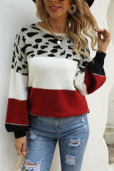 Spliced Leopard Print Round Neck Sweater