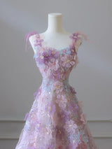Pink Tulle 3D Flower Straps Prom Dress