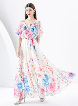 Irregular Diagonal Shoulder Chiffon Floral Dress