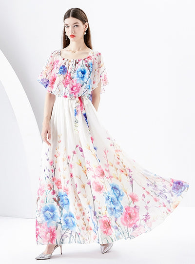 Irregular Diagonal Shoulder Chiffon Floral Dress