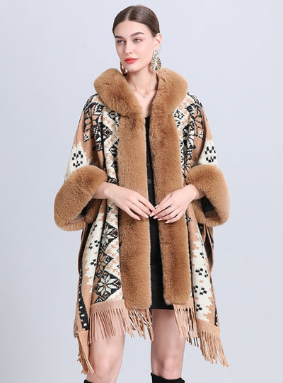 Hooded Fringed Loose Jacquard Cloak Shawl