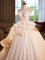 Champagne Tulle Strapless Flower Bow Wedding Dress