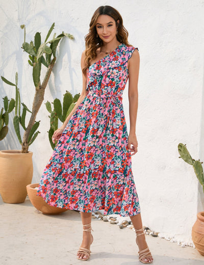 Casual Printed One Shoulder Dress