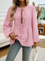 Casual Loose Striped Lantern Sleeve Lace-up Shirt