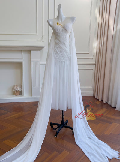 White Chiffon Pleats Prom Dress