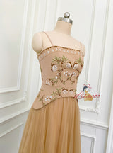 Khaki Tulle Embroidery Straps Prom Dress