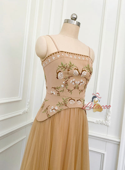 Khaki Tulle Embroidery Straps Prom Dress