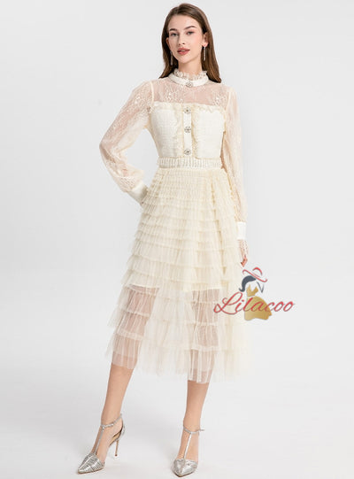Lace Stitching Gauze Long Sleeve Dress
