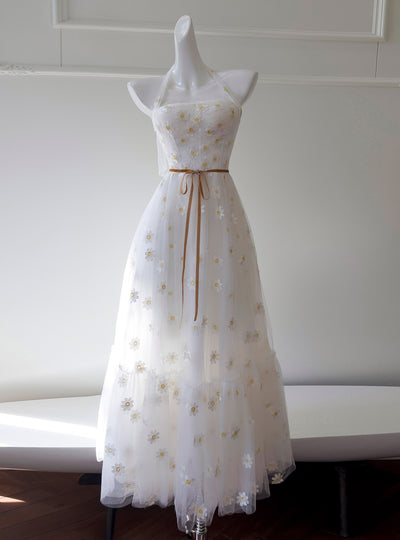 White Tulle Halter Embroidered Dress