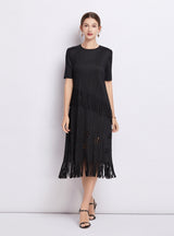 Short-sleeved Fringed Pleated Dress