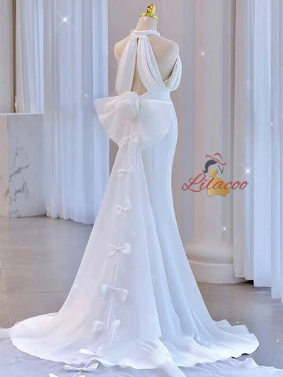 White Mermaid Halter Pearls Bow Wedding Dress