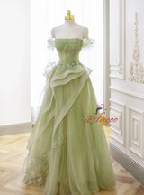 Green Tulle Beading Appliques Prom Dress