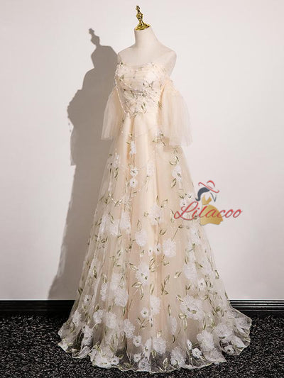 Champagne Tulle Beading Prom Dress