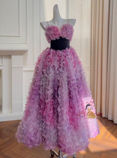 Pink Purple Tulle Flower Straps Prom Dress