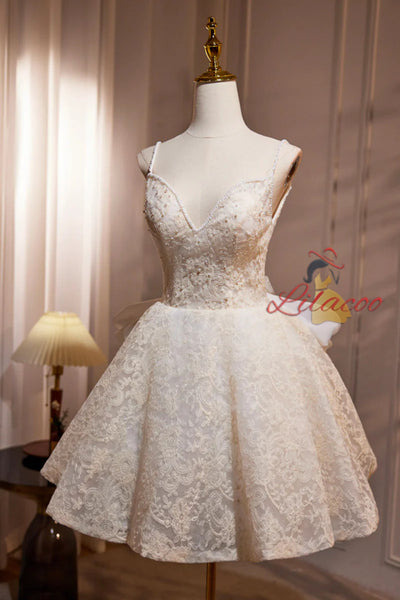 Ivory Lace Spaghetti Straps Homecoming Dress