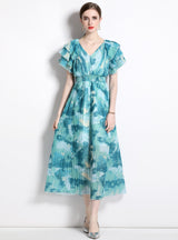 Flying Sleeve V-neck Pleated Holiday Dress