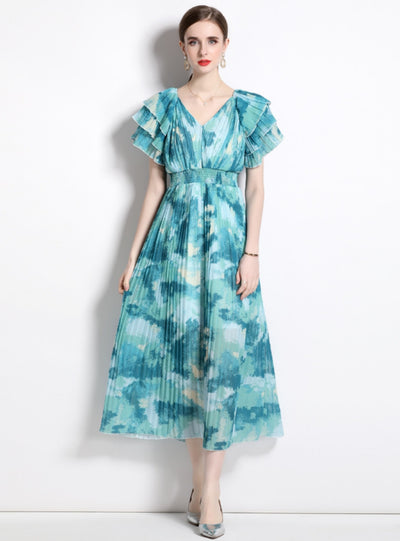 Flying Sleeve V-neck Pleated Holiday Dress