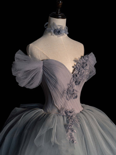 Gray Blue Tulle Pleats Flower Prom Dress