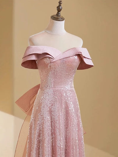 Pink Tulle Sequins Off the Shoulder Prom Dress