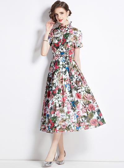 Ink Printed Butterfly Short Sleeve Slim Dress
