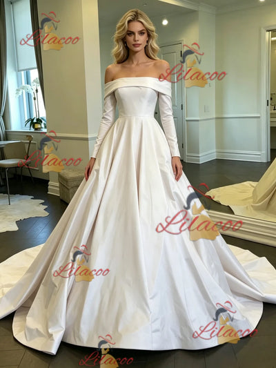White Satin Off the Shoulder Long Sleeve Wedding Dress