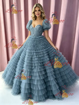 Blue Tuller Tiers Puff Sleeve Prom Dress