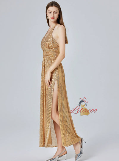 Gold Sequins V-neck Party Dress