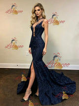 Navy Blue Mermaid Sequins Long Sleeve Prom Dress