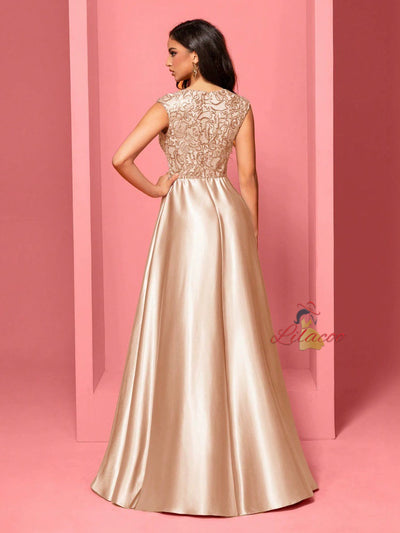 Champagne Satin V-neck Prom Dress