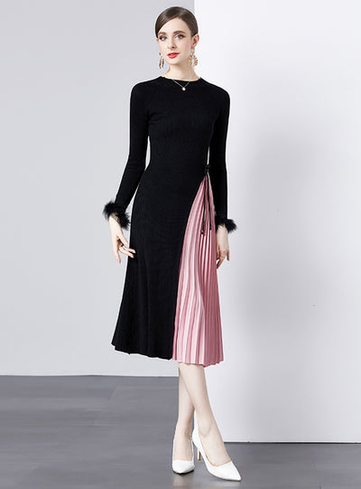 Round Neck Long Sleeve Feather Pleated Dress