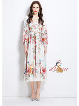 V-neck Lantern Sleeve Printed Dress