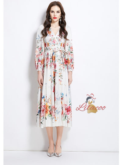 V-neck Lantern Sleeve Printed Dress