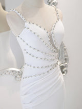 White Mermaid Spaghetti Straps Beading Wedding Dress