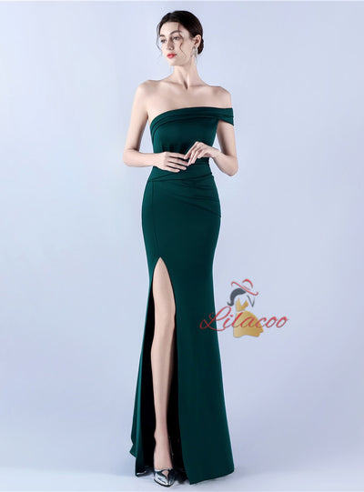 One Shoulder Pleats Split Prom Dress