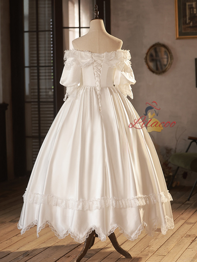 White Satin Lace Puff Sleeve Wedding Dress