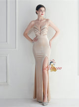 Mermaid Velvet Spaghetti Straps Sequins Beading Prom Dress