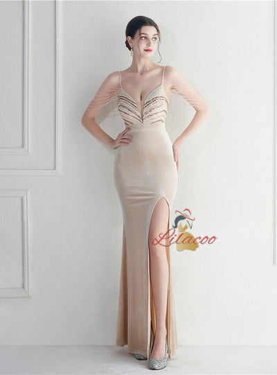 Mermaid Velvet Spaghetti Straps Sequins Beading Prom Dress