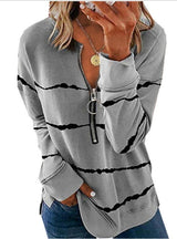 Striped Zipper V-neck Long Sleeve Loose T-shirt