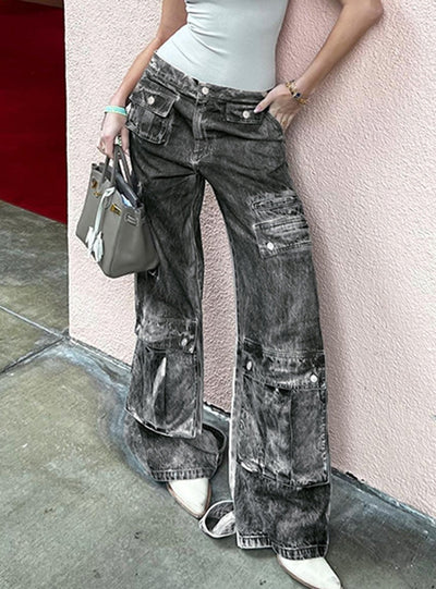 Spliced Low Waist Loose Straight Jeans
