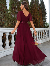 V-neck Chiffon Pleats Short Sleeve Prom Dress