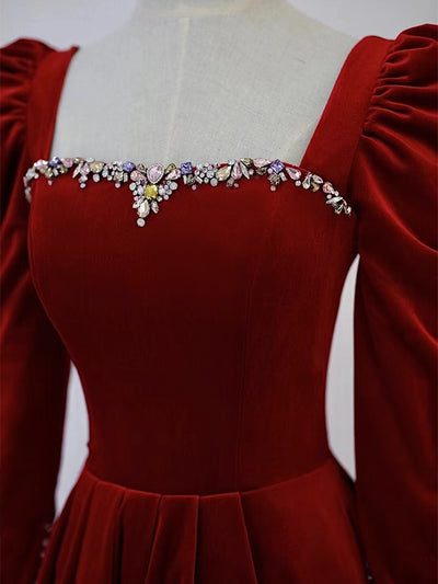 Burgundy Velvet Long Sleeve Crystal Prom Dress