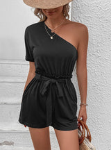 Casual One-shoulder Solid Color Jumpsuit Shorts