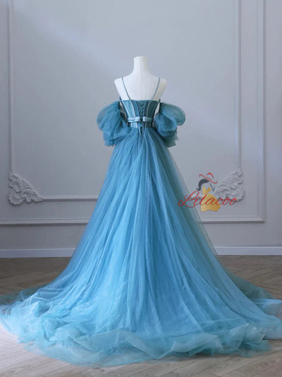 Blue Tulle Spaghetti Straps Prom Dress