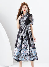 V-neck Lantern Sleeve Long Printed Dress