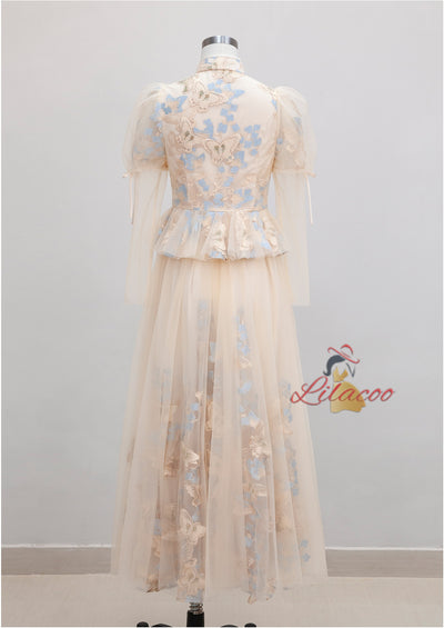 Champagne Long Sleeve Tulle Prom Dress