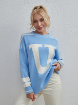Color Matching Pullover Long Sleeve Letter Sweater